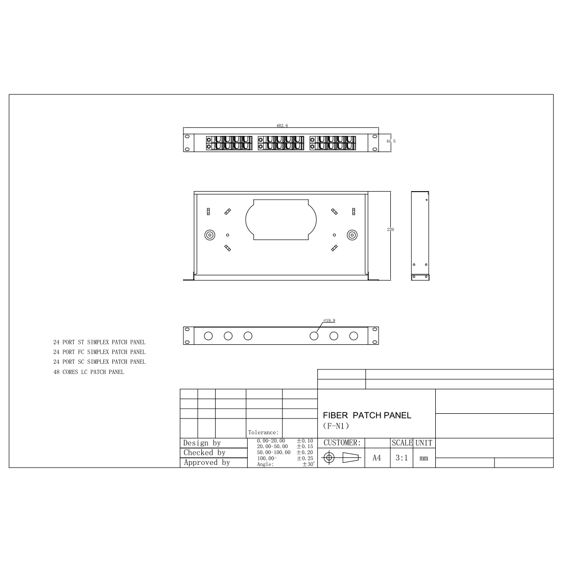 Оптический кросс, SHIP, F-N1, 19″ (1U), 24 Порта, FC/SC/ST Simplex LC Duplex, Универсальный, Без адаптеров, Чёрный