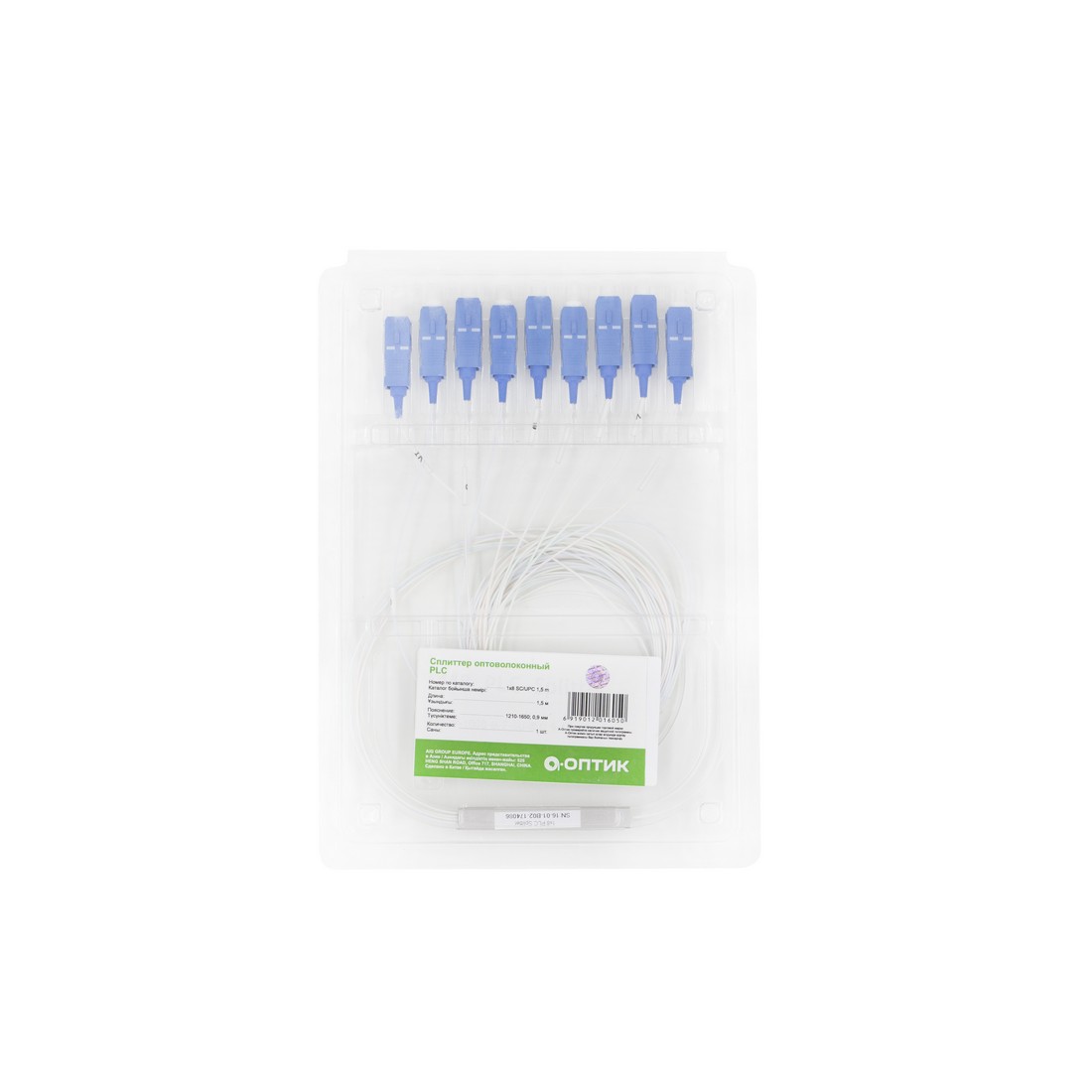 Сплиттер оптоволоконный, А-Оптик, PLC-1х8, SC/UPC-SC/UPC 1.5м, SM 1210-1650, 0.9мм