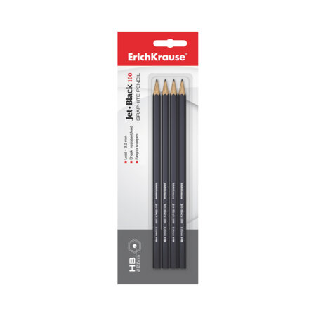 Блистер чернографитных шестигранных карандашей, ErichKrause®, 45477, Jet Black 100 HB (4 шт.), чёрный