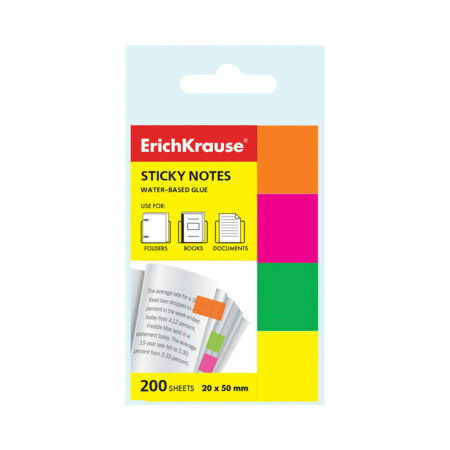 Закладки бумажные с клеевым краем, ErichKrause®, 7324, Neon, 20х50 мм, 200 листов, в пленке, 4 цвета
