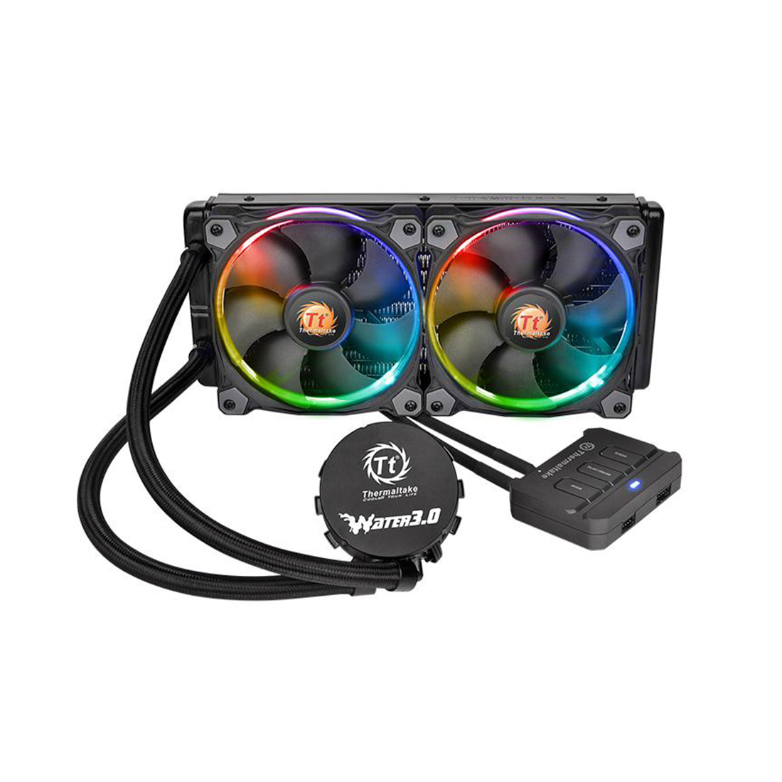 Кулер с водяным охлаждением, Thermaltake, Water 3.0 Riing RGB 240, CL-W107-PL12SW-A, Intel LGA 2066/2011-3/2011/1366/1156/1155/1151/1150 и AMD TR4/AM4/FM2/FM1/AM3+/AM3/AM2+/AM2, TDP 280W, Riing Red 2*120мм вентилятор, 400-1500 об/мин, 26.4 dB(A), 40.6 CFM, 4pin, Подсветка красная, 270x120x27мм, Чёрный