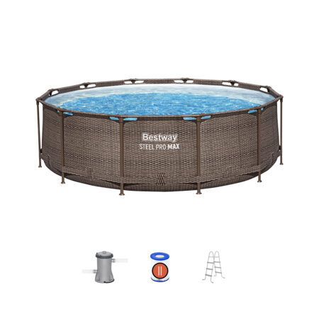 Каркасный бассейн Steel Pro MAX 366 х 100 см, BESTWAY, 56709, Винил, 9150 л., Стальной каркас, Ф-насос 58383 (2006л/ч), Лестница 58335, Ротанговый принт, Цветная коробка
