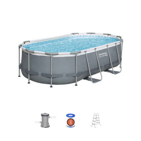 Каркасный бассейн Steel Pro MAX Oval 427 х 250 х 100 см, BESTWAY, 56620, Винил, 7250 л., Стальной каркас, Ф-насос 58383 (2006л/ч), Лестница 58335, Серый, Цветная коробка