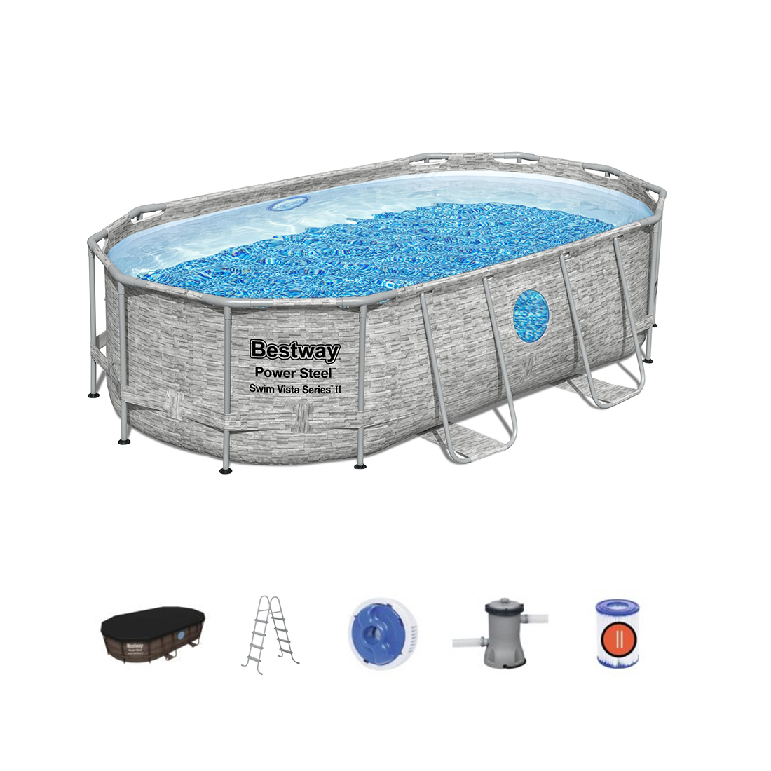 Каркасный бассейн Steel Pro MAX Splashview Oval 427 х 250 x 100 см, BESTWAY, 56714, Винил, 7250 л., Стальной каркас, Ф-насос 58383 (2006л/ч), Лестница 58335, Тент 58425, 2 иллюминатора, Каменный принт, Цветная коробка