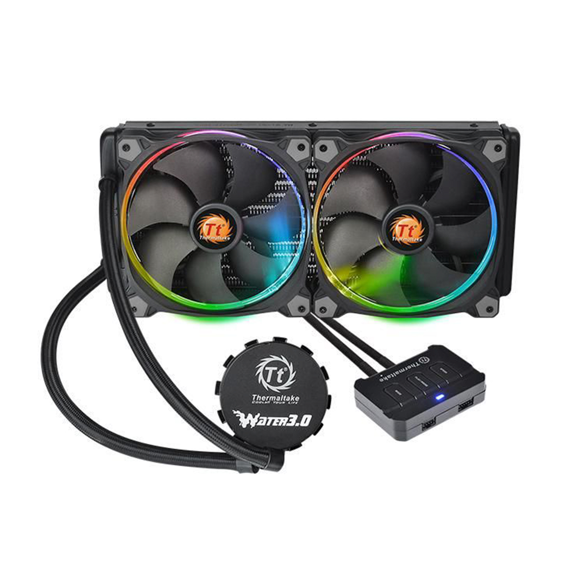 Кулер с водяным охлаждением, Thermaltake Water 3.0 Riing RGB 280 , CL-W138-PL14SW-A, Intel LGA 2066/2011-3/2011/1366/1156/1155/1151/1150 и AMD TR4/AM4/FM2/FM1/AM3+/AM3/AM2+/AM2, TDP 300W, 2*140мм вентилятора, Подсветка RGB, Габариты 313х139х27 мм, Чёрный