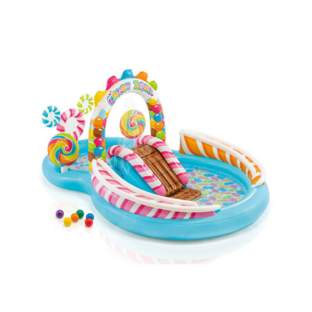 Детский надувной игровой бассейн Candy Zone 295 х 191 x 130 см, INTEX, 57149NP, Винил, 206+168л., 2+, Горка, Разбрызгиватель воды, 2 гиганских леденца, Шарики, Голубой, Цветная коробка