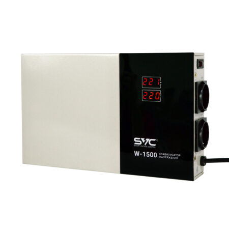Стабилизатор (AVR), SVC, W-1500, Мощность 1500ВА/1500Вт, LED-дисплей, Диапазон работы AVR: 140-260В, Вых.: 220В+/-7%, 2 х Shcuko, Кабель питания: 1,35м, Габариты: 320*200*65, Черно-белый