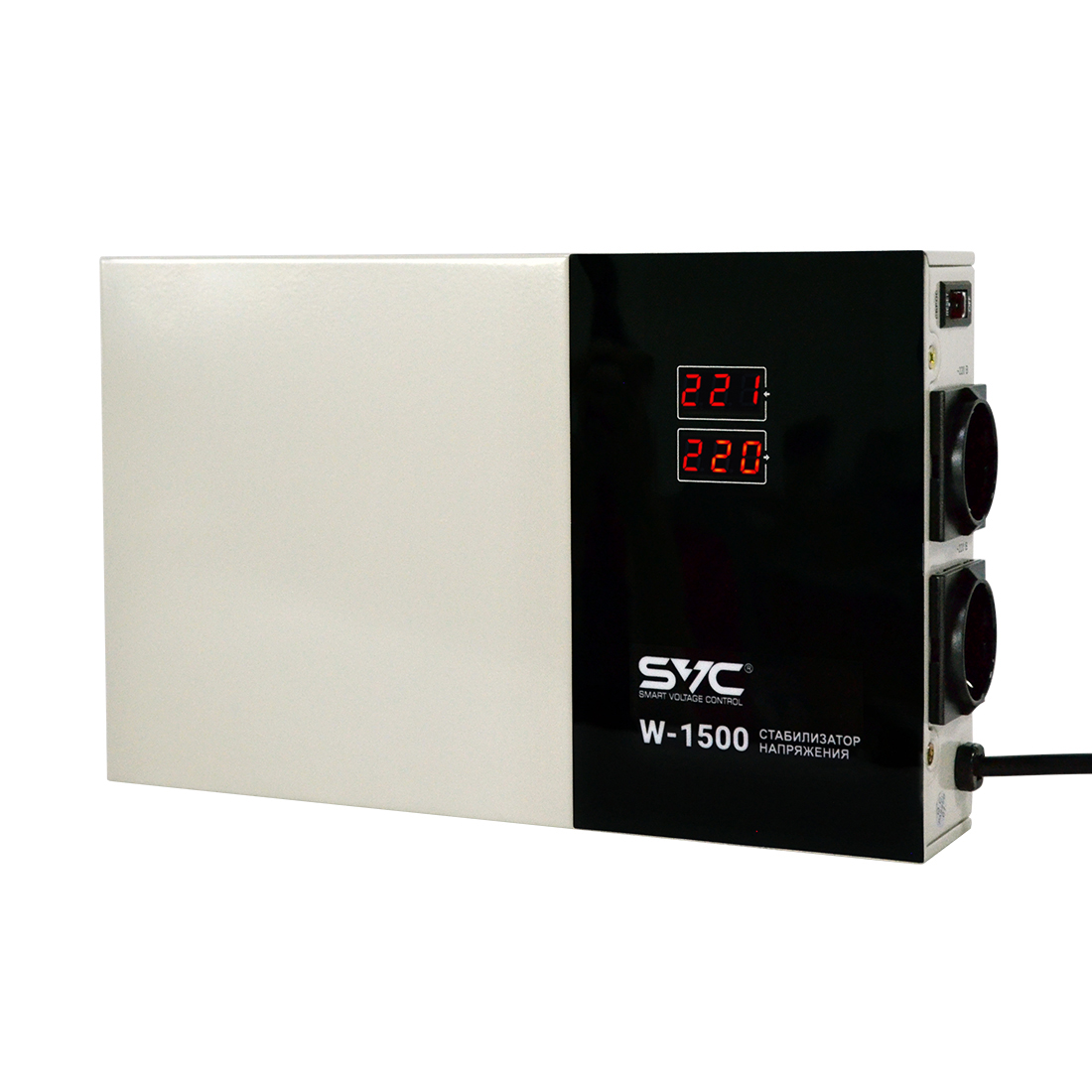 Стабилизатор (AVR), SVC, W-1500, Мощность 1500ВА/1500Вт, LED-дисплей, Диапазон работы AVR: 140-260В, Вых.: 220В+/-7%, 2 х Shcuko, Кабель питания: 1,35м, Габариты: 320*200*65, Черно-белый