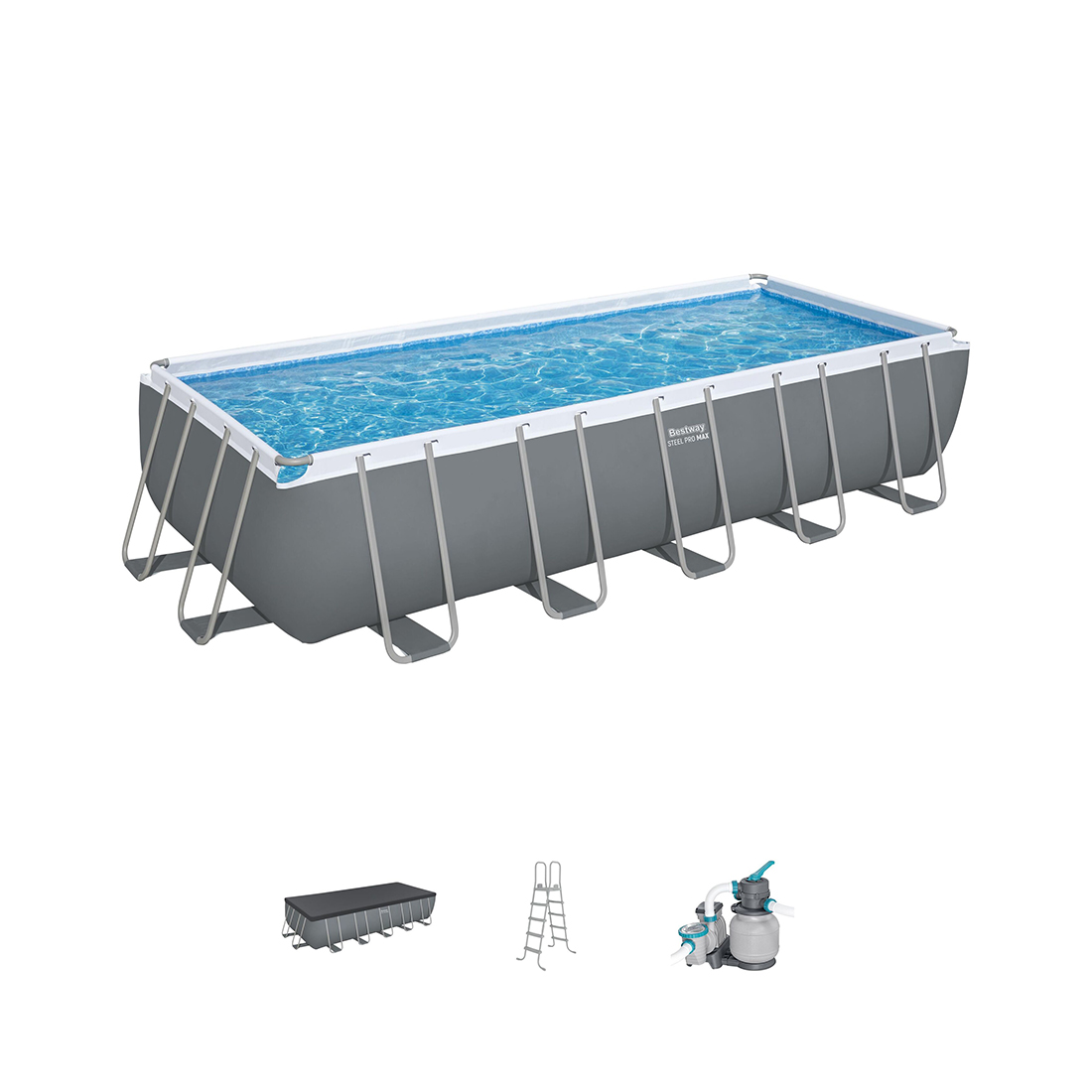 Каркасный бассейн Steel Pro MAX Rectangular 640 х 274 х 132 см, BESTWAY, 5612B, Винил, 19281 л., Стальной каркас, Песочный ф-насос 58497 (6056л/ч), Лестница 58337, Тент, Серый, 2 цветные коробки