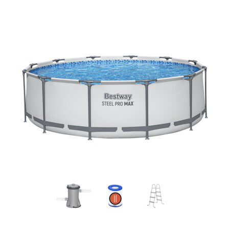 Каркасный бассейн Steel Pro MAX 366 х 100 см, BESTWAY, 56418, Винил, 9150 л., Стальной каркас, Ф-насос 58383 (2006л/ч), Лестница 58335, Серый, Цветная коробка
