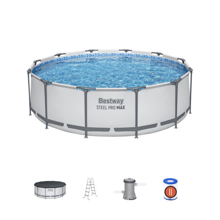 Каркасный бассейн Steel Pro MAX 366 х 122 см, BESTWAY, 56420, Винил, 10250 л., Стальной каркас, Ф-насос 58383 (2006л/ч), Лестница 58336, Тент 58037, Серый, Цветная коробка