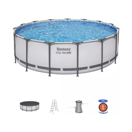 Каркасный бассейн Steel Pro MAX 457 х 122 см, BESTWAY, 56438, Винил, 16015 л., Стальной каркас, Ф-насос 58386 (3028л/ч), Лестница 58336, Тент 58038, Серый, Цветная коробка