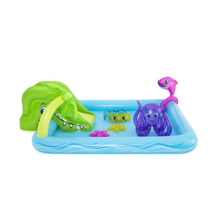 Детский надувной игровой бассейн Fantastic Aquarium 239 х 206, BESTWAY, 53052, Винил, 308 л., 2+, Съемная горка, Разбрызгиватель, Множество надувных игрушек, Голубой, Цветная коробка