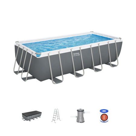 Каркасный бассейн Steel Pro MAX Rectangular 488 х 244 х 122 см, BESTWAY, 56670, Винил, 11532 л., Стальной каркас, Ф-насос 58386 (3028л/ч), Лестница 58336, Тент, Серый, Цветная коробка