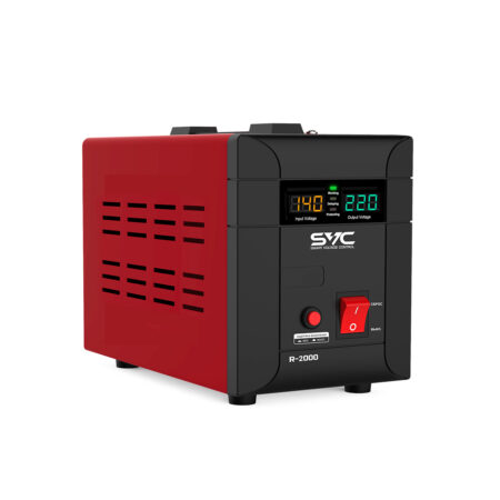 Стабилизатор (AVR), SVC, R-2000, 2000ВА/2000Вт, Диапазон работы AVR: 140-260В, Выходное напряжение: 220В +/-7%, Задержка включения, выход 2 шт Shсuko, LCD-дисплей, Защита: от перегрузки, короткого замыкания, повышенной температуры, Чёрно-красный