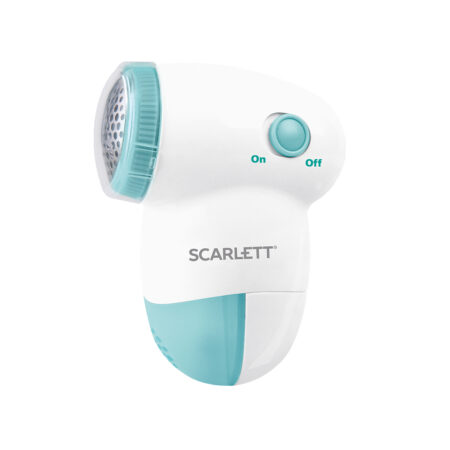 Машинка для удаления катышков с одежды, Scarlett, SC-920, Защитная сетка, Тип питания 2хАА 1,5В, Съемный полупрозрачный резервуар, Щеточка для чистки лезвий, Белый/голубой