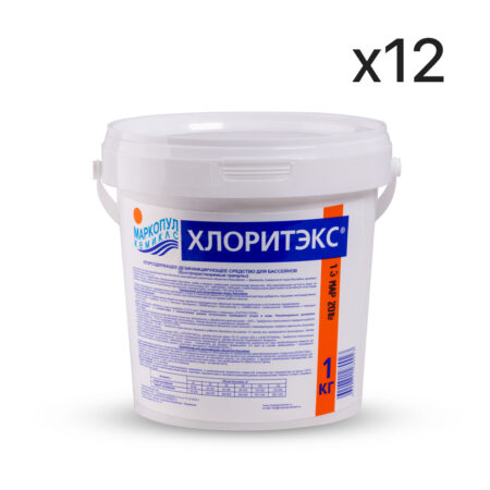 Химия для бассейна, МАРКОПУЛ КЕМИКЛС, ХЛОРИТЭКС (12шт по 1кг в упаковке), Гранулированный, Хлорсодержащее дезинфицирующее средство, Белый, Ведерки в коричневой коробке