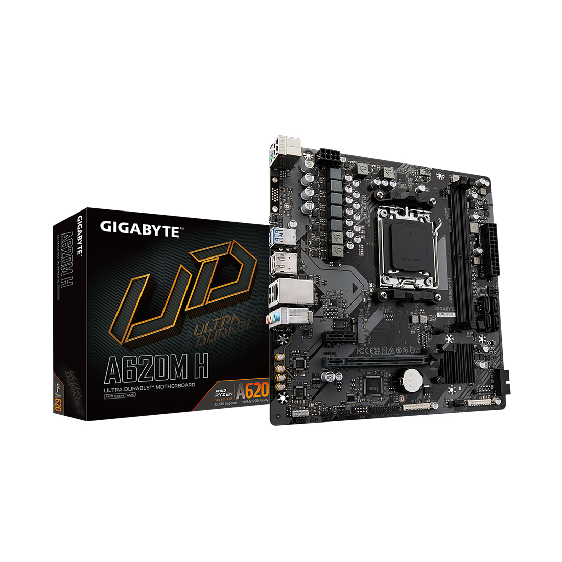 Материнская плата, Gigabyte, A620M H (4719331855512), AM5, A620, 2xDDR5 4400/4800/5200/6400(OC), 4xSATA3, 1xM.2 (PCIe 4.0 x4/x2), RAID, 1xHDMI, 1хDP, 1xPCI-Ex16, 1xPCI-Ex1, mATX
