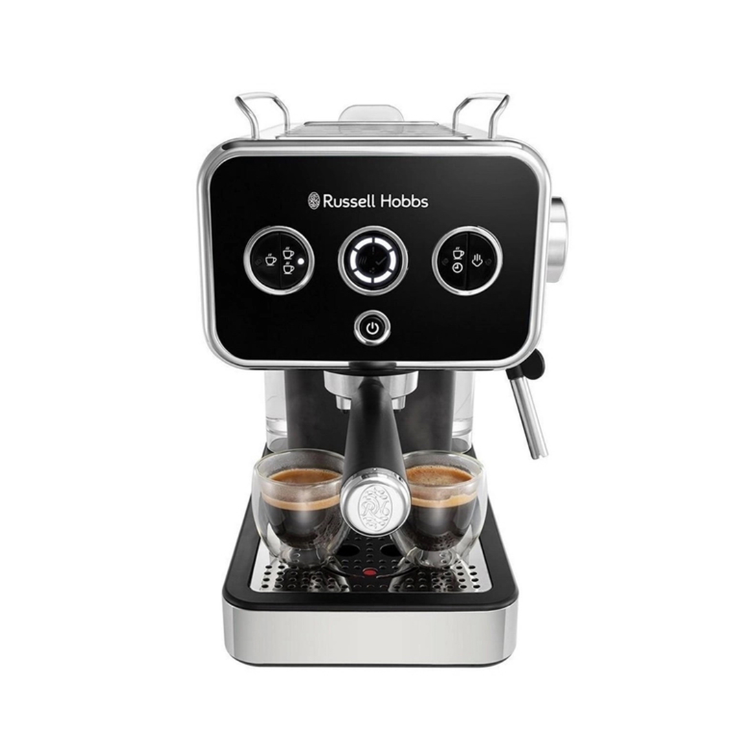 Кофеварка рожковая, Russell Hobbs, 26450-56, Рожковая, Объем 1.1л, Нержавеющая сталь, Пластик, Давление 15бар, Мощность 1350W, Автоотключение, Индикация готовности к работе, Подача горячей воды для чая, Подогрев чашек, Черный
