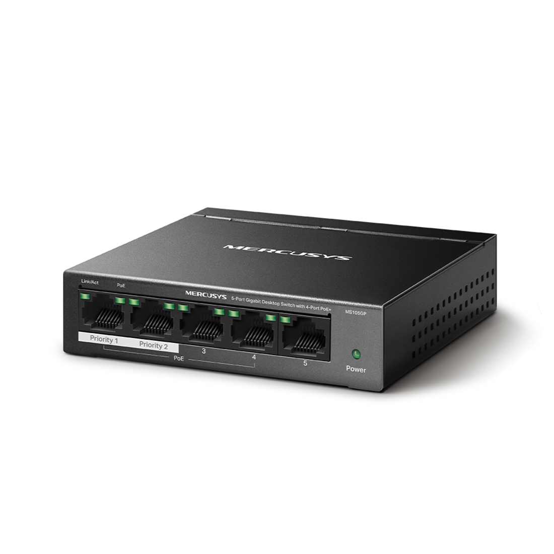Коммутатор, Mercusys, MS105GP, Миниатюрный, 5 портов 10/100/1000M RJ45 (4 портов PoE+ 802/3af/at 65W, 250м), Auto-MDI/MDIX