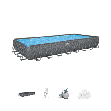 Каркасный бассейн APX 365 956 x 488 x 132 см, BESTWAY, 561KJ, Винил, 52231 л., Стальной каркас, Песочный ф-насос 58499 (8327л/ч) с полисферами, Лестница 58332, Тент, Темно-Серый, Цветные коробки на паллете