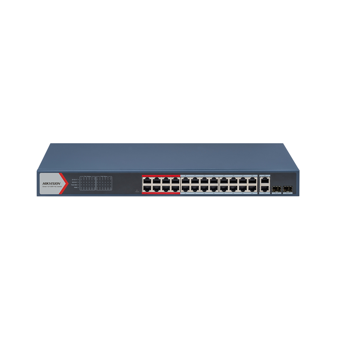 Коммутатор, Hikvision, DS-3E1326P-EI(B), Управляемый L2, 24 x 10/100 Mbps, РоЕ 802.3af/at 370W, 2 x SFP, 2 x 1000 Mbps RJ45, Стоечный, Long Range Ports 1 to 24: up to 300 m.