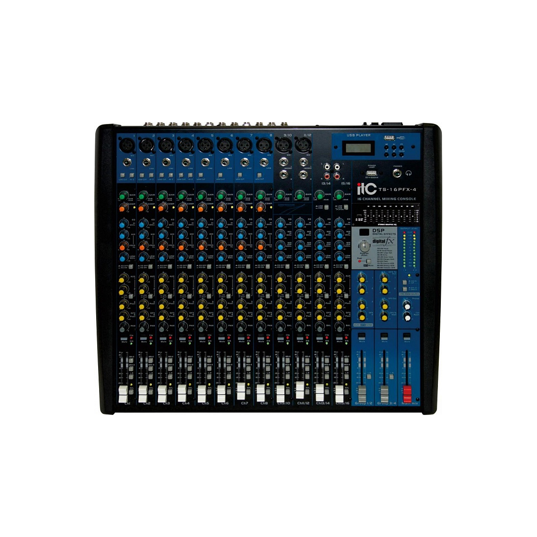 Микшер, ITC, TS-16PFX-4, 16-канальный микшер, 4 групповых выхода, встроенный MP3-плеер и 24-битный DSP