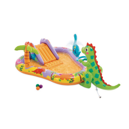 Детский надувной игровой бассейн Dino Park 201 х 157 см, INTEX, 56139NP, Винил, 159л., 2+, Горка, Разбрызгиватель в виде динозавра, Надувная фигура динозавра и другие аксессуары, Жёлтый, Цветная коробка