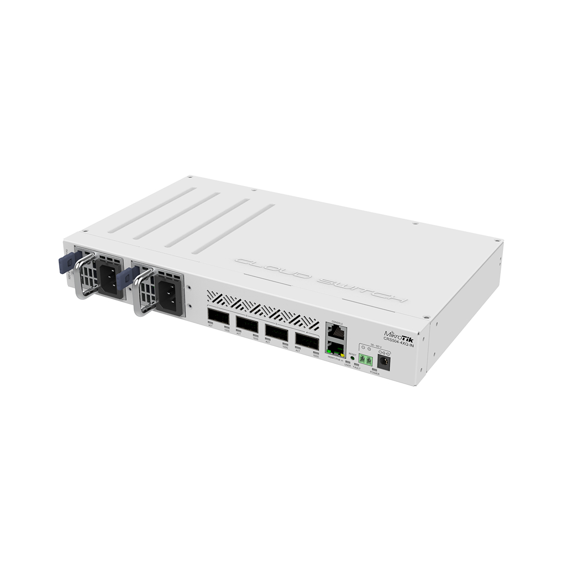 Коммутатор, MikroTik, CRS504-4XQ-IN, Cloud Router Switch, 1 порт 10/100 Ethernet, 4 порта 100G QSFP28, 2 блока питания AC, DC входы -3 (2-pin terminal, DC jack, PoE-IN). RouterOS, -40°C to 70°C