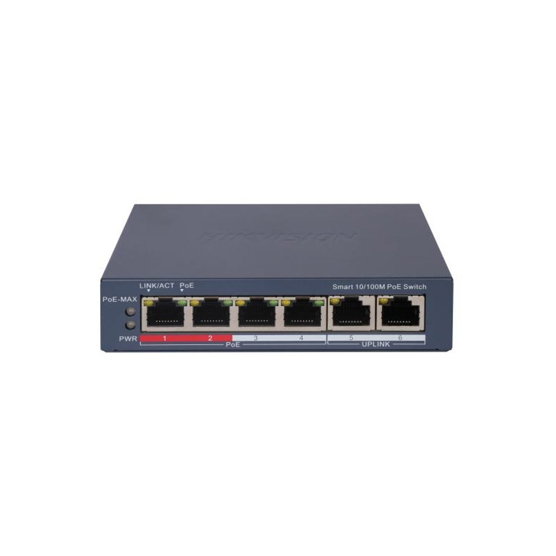 Коммутатор, Hikvision, DS-3E1106P-EI, Управляемый L2, 4 x 10/100 Mbps, РоЕ 802.3af/at 60W, 2 x 10/100 Mbps RJ45, Настольный, Long Range Ports 1 to 4: up to 300 m.
