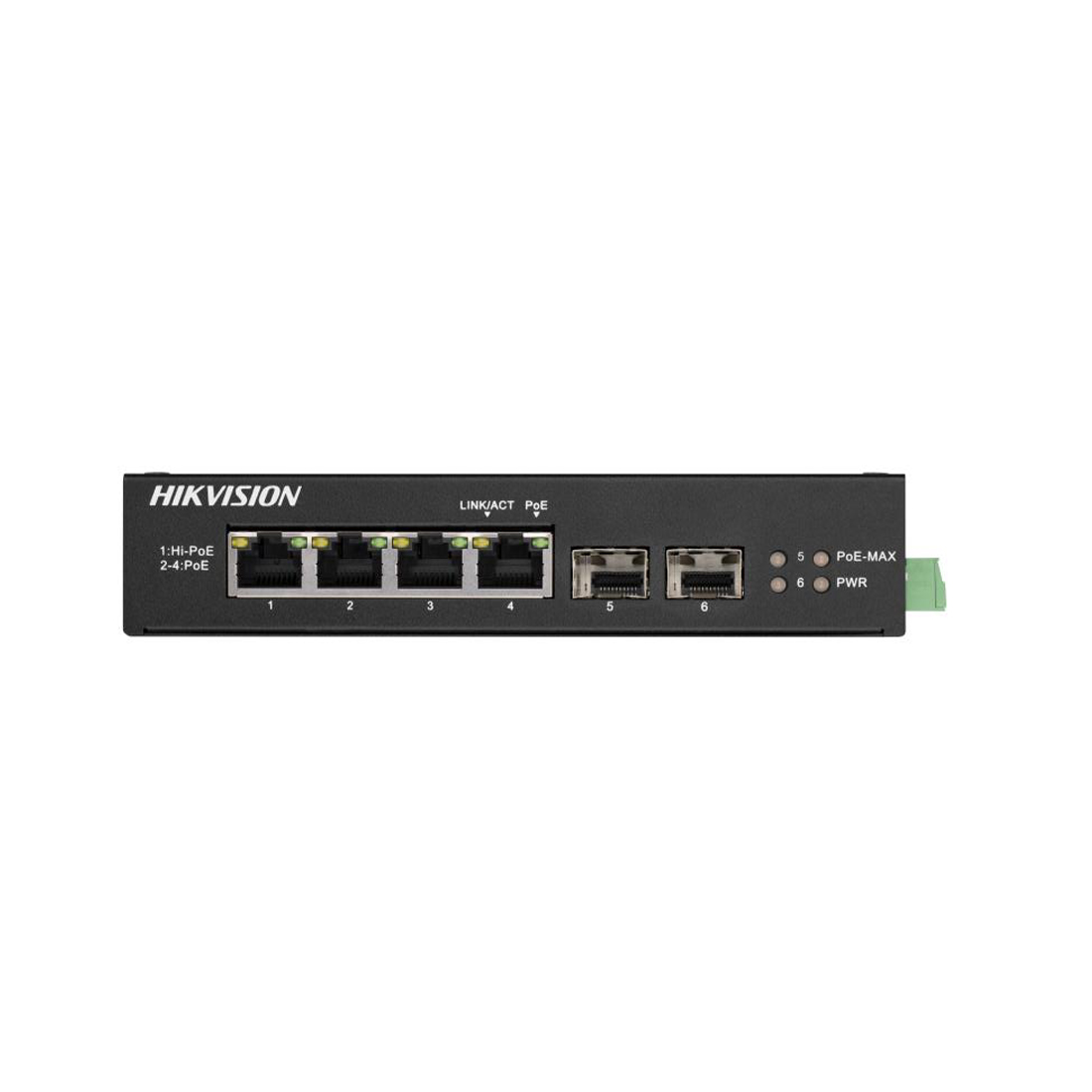 Коммутатор, Hikvision, DS-3T0506HP-E/HS, Неуправляемый, 4 x Gigabit , РоЕ 802.3af/at/bt 65W, 4 x SFP, DIN рейка, Long Range Ports 3 to 4: up to 300 m.