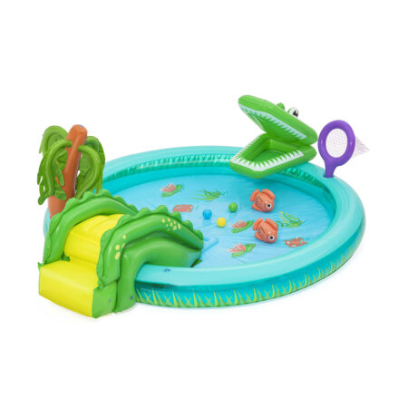 Детский надувной игровой бассейн Crocodile Cove 224 х 181, BESTWAY, 53166, Винил, 210 л., 2+, Съемная горка, Съемная сетка, Различные игрушки, Зеленый, Цветная коробка