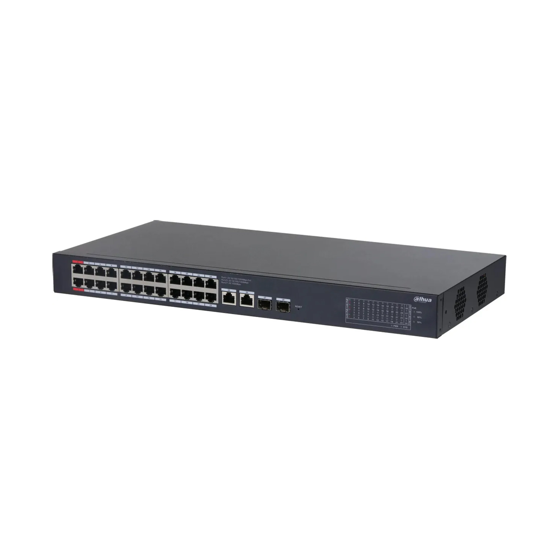 Коммутатор, Dahua, DH-CS4228-24GT-375, Управляемый L2, 24 RJ-45 10/100/1000 Мбит/с (PoE). Порт 25-26: 2 RJ-45 10/100/1000 Мбит/с (восходящий канал). Порт 27-28: 2 SFP 1000 Мбит/с (восходящий канал)