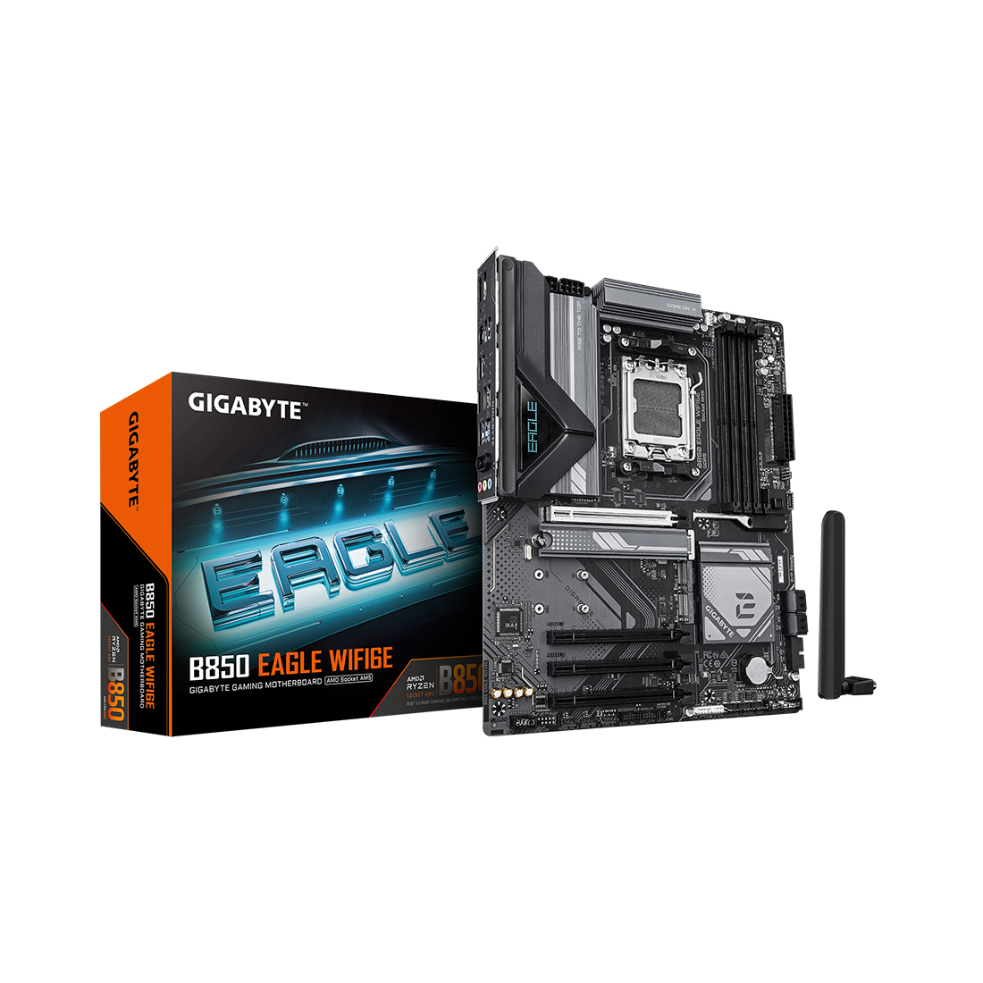 Материнская плата, Gigabyte, B850 EAGLE WIFI6E (4719331866587), AM5, B850, 4xDDR5 4400/4800/5200/8200(OC), 4xSATA3, 3xM.2 (PCIe 4.0 x4/x2), RAID, 1xHDMI, 1хDP, 4xPCI-Ex16, WiFi, ATX