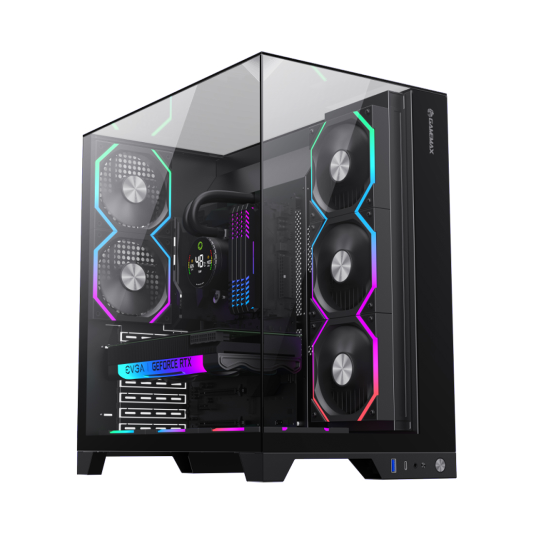 Компьютерный корпус, Gamemax, Infinity Pro BK, 9101-0000R0156, 14100903090, Mid Tower, ATX/m-ATX/ITX, USB 3.0*1/ Type-C*1/ HD Audio, 5*120мм ARGB вентиляторы, Высота процессорного кулера 160мм, Длина VGA 400мм, Количество отсеков 1*3,5" / 3*2,5", Сталь/Закаленное стекло, 418х272х454мм, Без Б/П, Черный