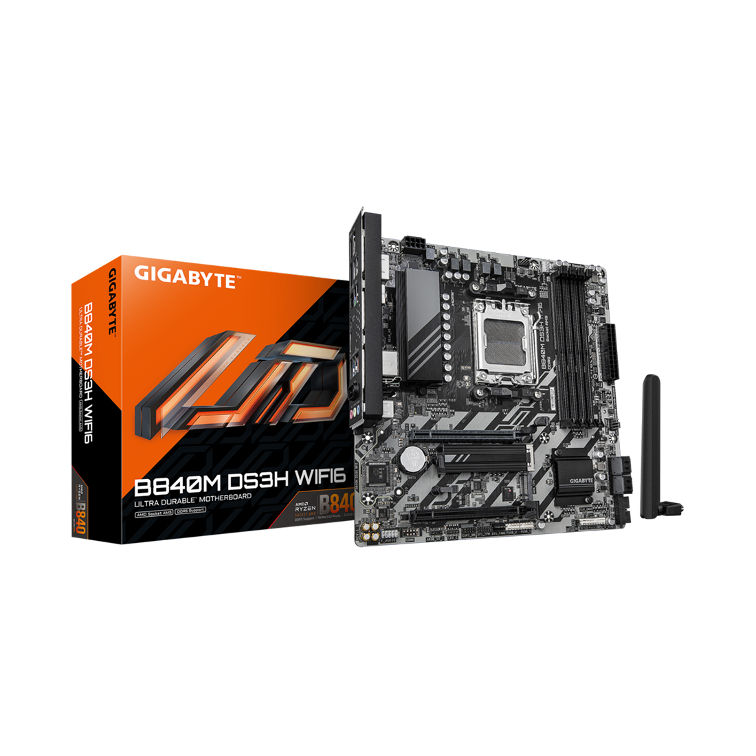 Материнская плата, Gigabyte, B840M DS3H WIFI6 (4719331874667), AM5, B840, 4xDDR5 4400/4800/5200/8200(OC), 4xSATA3, Raid, 2xM.2 (PCI-E 4.0x4/x2), 2хDP, 1xHDMI, 2xPCI-Ex16, WiFi, mATX