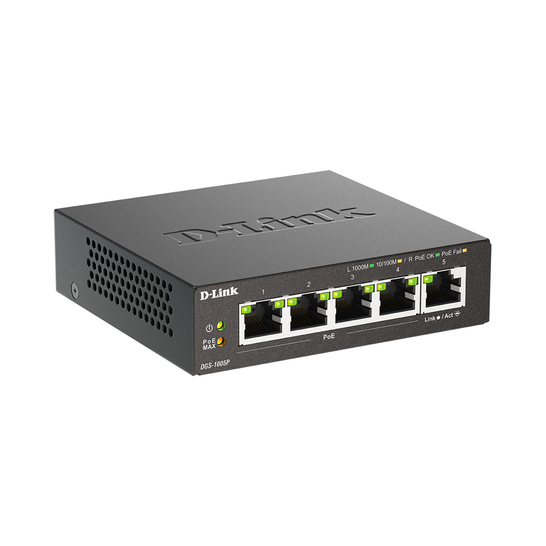 Коммутатор, D-Link, DGS-1005P/B3A, Настольный, неуправляемый, 5 портов 10/100/1000M RJ45, (4 порта PoE 802.3af/at, PoEбюджет 60 Вт)