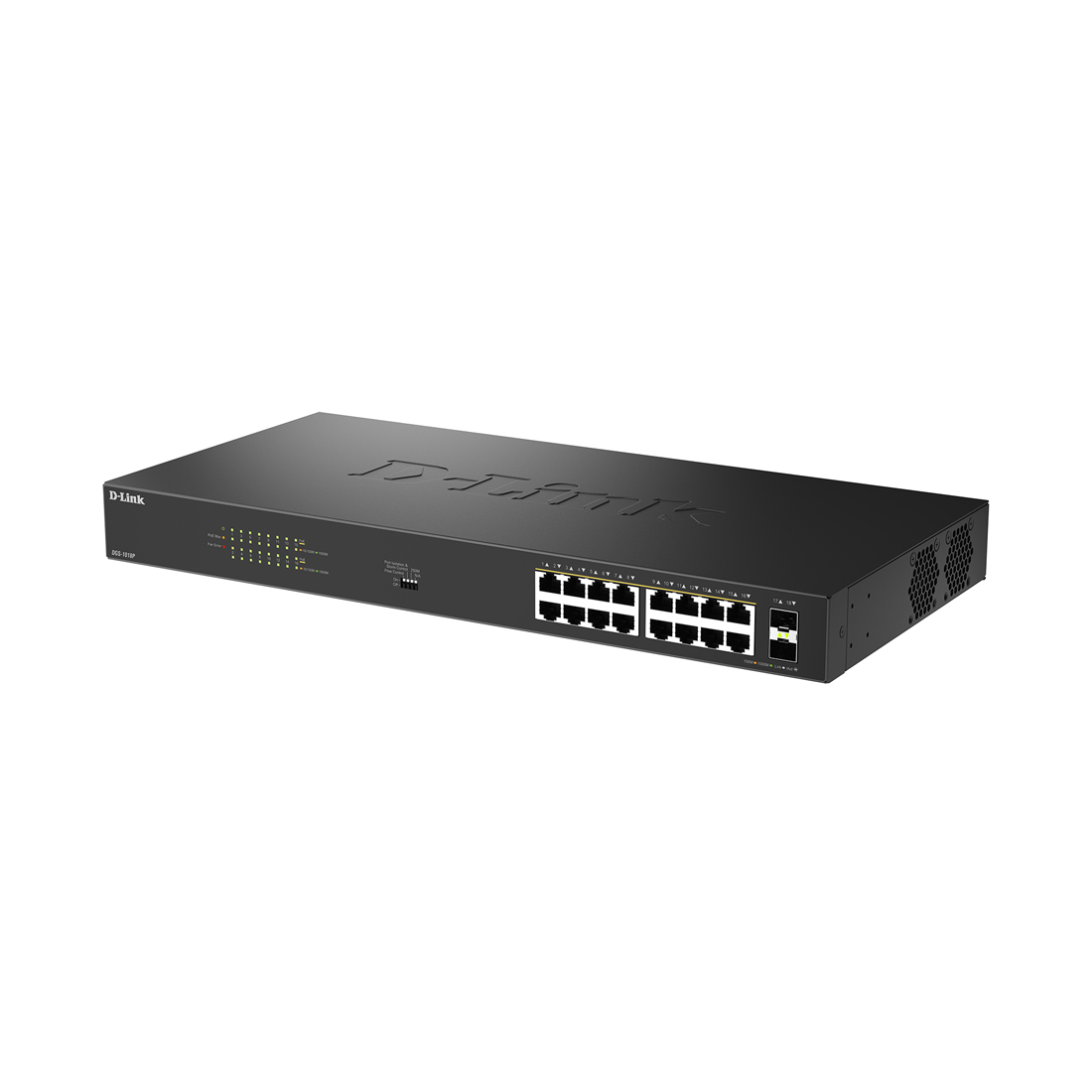 Коммутатор , D-Link, DGS-1018P/B1A, Управляемый, 16 портов PoE 802.3af/at 10/100/1000Base-T, 2 порта 1000Base-X SFP, DIP-переключатели, PoEбюджет 240 Вт