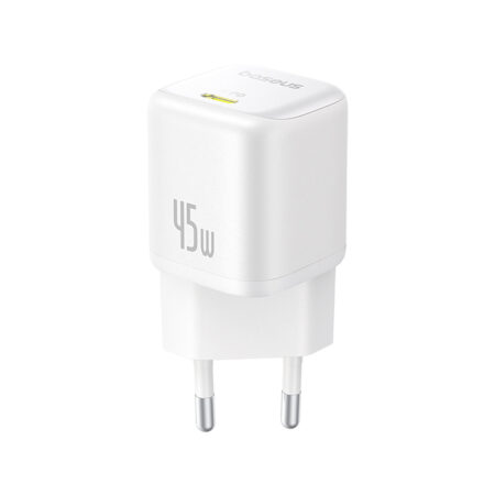 Адаптер питания, Baseus, PicoGo, P10176800213-00, GaN, 45 Вт, 1USB-C, 5В3А / 9В3А / 12В3А / 15В3А / 20В2,25А, PD 3.0, PPS, QC 3.0, FCP, SCP, 100–240В~, 50/60Гц, 1,5А, 333337 мм, 87 г, EU, Moon White, Белый