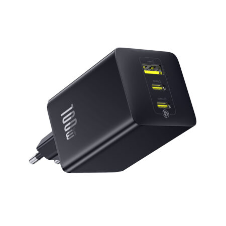 Адаптер питания, Baseus, EnerFill FE11, P10182102123-00, GaN 6, 2C+U, 100 Вт, USB-C1/C2: 5В3А / 9В3А / 12В3А / 15В3А / 20В5А, USB-A: 5В3А / 9В2А / 10В2,25А / 12В1,5А, PD 3.0, PPS, QC 4+, QC 3.0, UFCS, AFC, SCP, FCP, 100–240В~, 50/60Гц, 3А, EU, 434465 мм, 184 г, Без кабеля, Чёрный