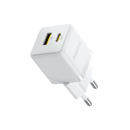 Адаптер питания, Baseus, Palm C+U, P1011160A213-00, 30 Вт, 1USB-C + 1USB-A, USB-C: 5В3А / 9В3А / 12В2,5А / 15В2А / 20В1,5А, USB-A: 5В3А / 9В3А / 12В2,5А / 20В1,5А, C+U: 20+10 Вт, PD 3.0, QC 3.0, PPS, AFC, SCP, FCP, 100–240В~, 50/60Гц, 0,8А, 54,63131 мм, 53,6 г, EU, Moon White, Белый