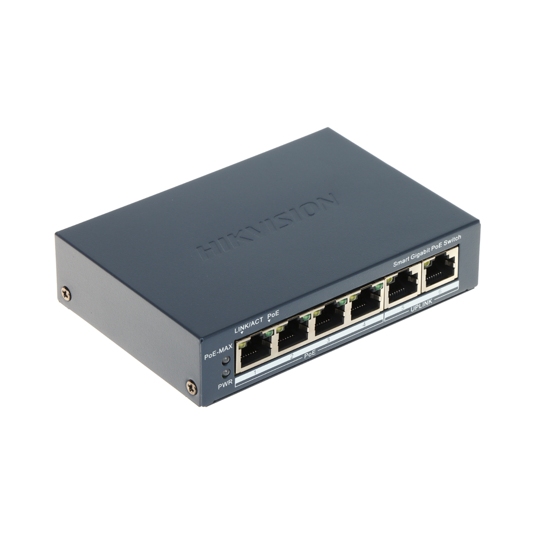 Коммутатор, Hikvision, DS-3E1506P-EI/M-4P1T1F, Управляемый L2, 4 x Gigabit RJ45, РоЕ 802.3af/at 45W, 1 x Gigabit RJ45, 1 x SFP, Настольный, Long Range Ports 1 to 4: up to 300 m.