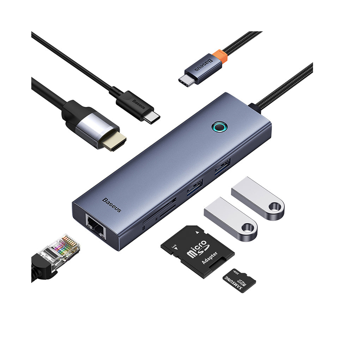 Док-станция, Baseus, UltraJoy Series 7-Port HUB Docking Station, Space Grey, (Type-C to HDMI4K@60Hz*1+USB3.0*2+PD*1+RJ45*1+SD/TF3.0*1), B00052805813-00, Черный