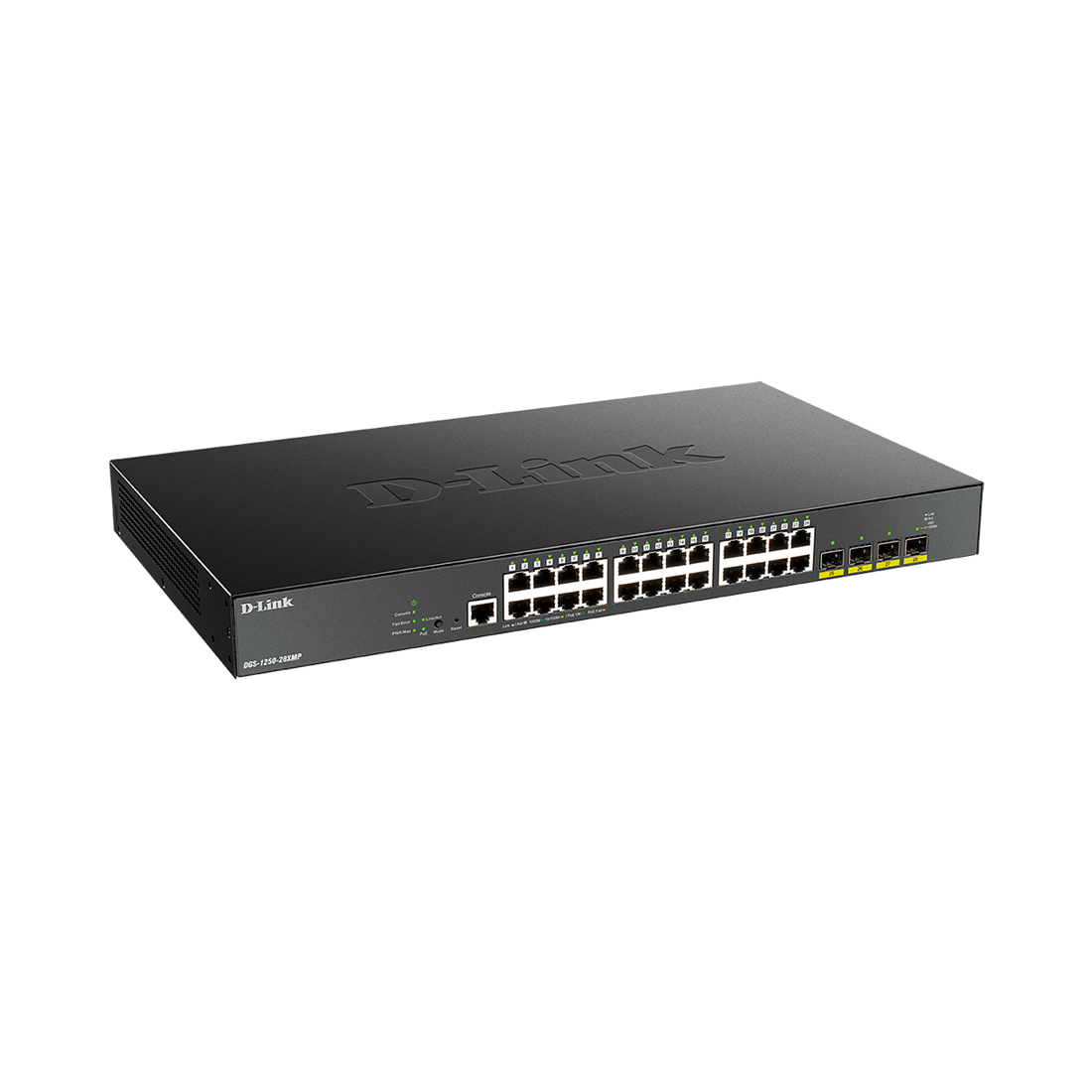 Коммутатор, D-Link, DGS-1250-28XMP/A1A, Управляемый L2, 24x1000Base-T PoE, 4x10GBase-X SFP+, PoE-бюджет 370 Вт, CLI, консольный порт RJ-45