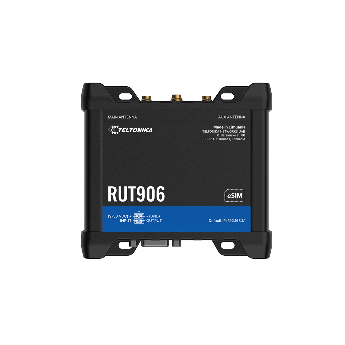 Роутер, Teltonika, RUT906, LTE Cat4 до 150/50Мбит/с, DualSIM, WiFi 802.11b/g/n, 4 Ethernet 10/100Мбит/с, 1 RS232, 1 RS485, 9–30В DC, промышленное исполнение.
