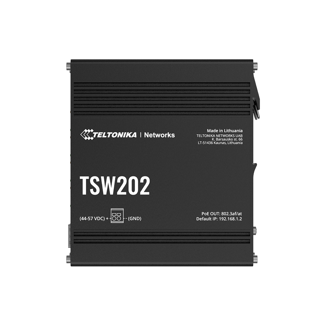Коммутатор, Teltonika, TSW202, управляемый L2+/L3, 8 Gigabit RJ-45 с PoE+ (802.3af/at, до 30 Вт/порт), 2 SFP, PoE-бюджет 240 Вт, пропускная способность 20 Гбит/с, VLAN, SNMP, статическая маршрутизация, питание 7–57 В DC, DIN-рейка, 40…+75 °C, промышленное исполнение
