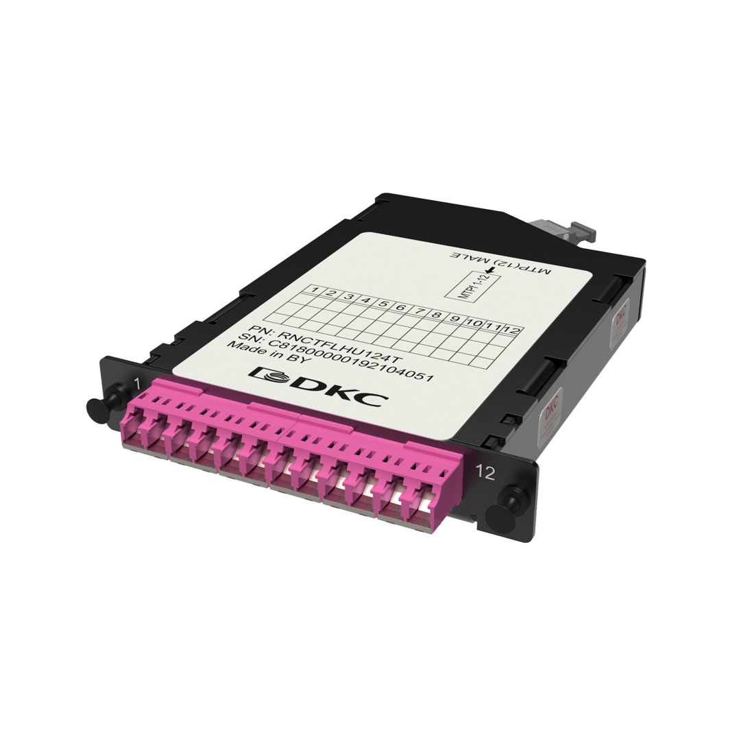Претерминированная кассета, DKC, RNCTFLHU124T, 12ОВ 50/125 OM4, 1xMTP(12)f/6xLC двухволоконный (Duplex) (с интегрированными шторками), 1/2 HU