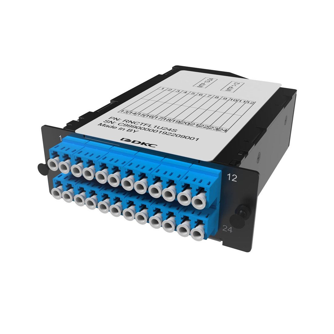 Претерминированная кассета, DKC, RNCTFL1U24S, 24ОВ 09/125 OS2, 2xMTP(12)f/12xLC-UPC двухволоконный (Duplex), 1 HU