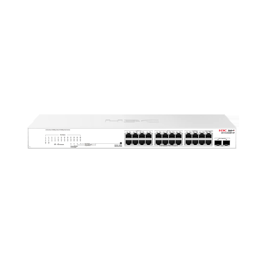 Коммутатор, H3C, Aolynk US110-24G2MF-HP, Управляемый L2, 24 порта Ethernet 10/100/1000 Base-T PoE+, 2 порта SFP 2,5G/1G, Кнопочный переключатель - переключатель режимов, Стоечный, 802.3af/at, бюджет 370W