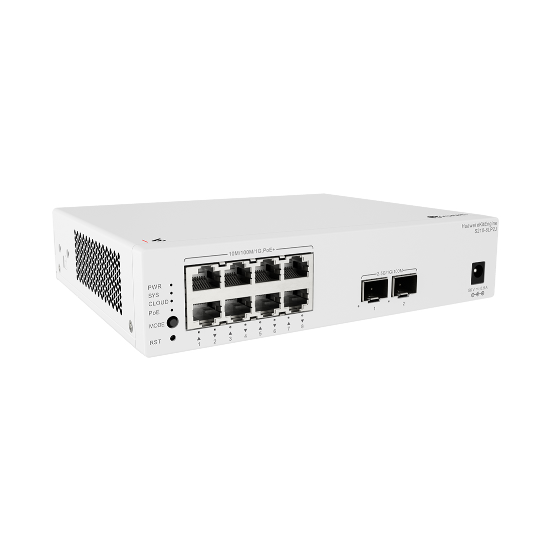 Коммутатор, Huawei, S210-8LP2J, Управляемый L2, 8GE RJ45 (PoE+), 22.5GE SFP uplink, PoE бюджет до 32 Вт, пропускная способность 26 Гбит/с, 19.5 Mpps, питание AC 90–264 В, fanless, настольный/настенный